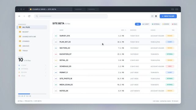 Cloud storage app interface listing files with tag filters and sort controls