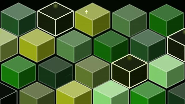 A collection of green cubes arranged in a grid pattern creates an abstract three dimensional design.