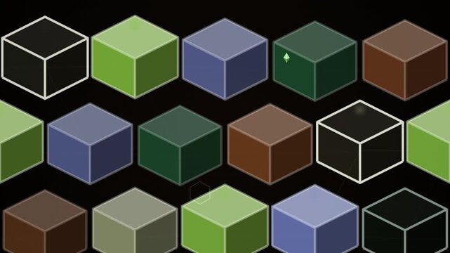 A pattern of geometric cubes in various shades of green, blue, and brown appears against a dark background.