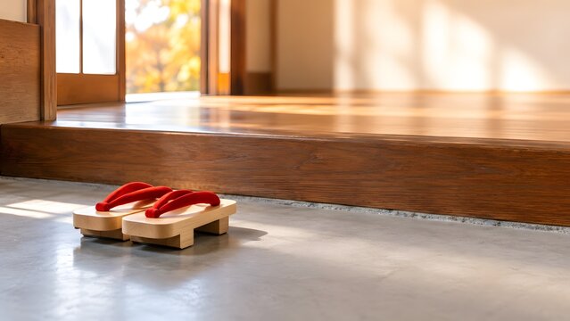日本家屋の玄関の上がり框と朱色の鼻緒の下駄 秋の光が差す土間