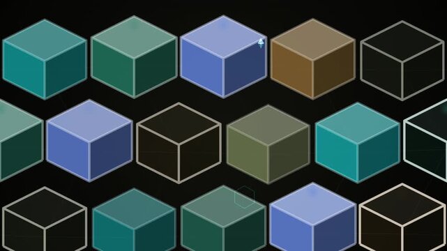 An isometric pattern displays a variety of colorful geometric cubes arranged against a black background.