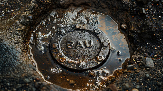 Muddy ground with puddle and cast iron manhole cover stamped EAU
