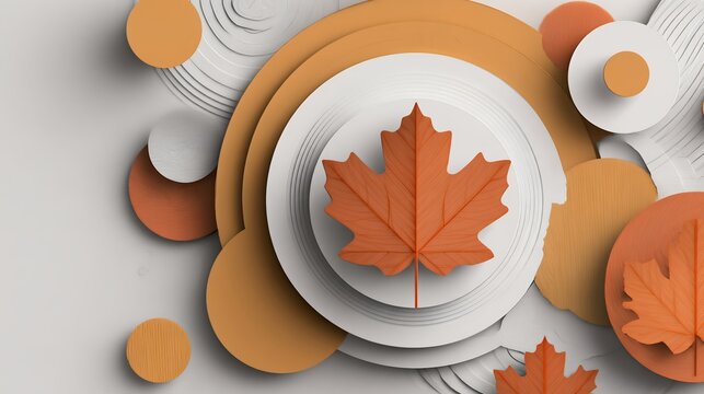 Abstract 3D Papercraft Layered Circles and Autumn Maple Leaves on White and Orange Background for Seasonal Backdrop