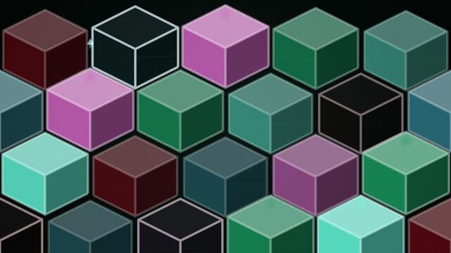 A hexagonal pattern of colored cubes arranged on a dark background.