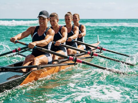 Female rowers in a crew boat compete with oars on the water during a high-intensity race