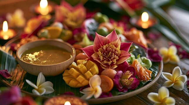 Traditional Indian Festive Food Platter with Sweets, Flowers and Glowing Diyas for Diwali Celebration, Cultural Feast and Holiday Food Advertising