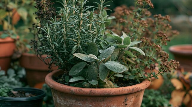 Potted herbs and plants growing in a decorative garden container  