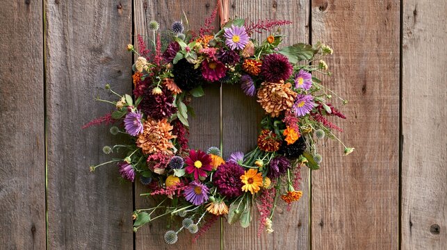 Colorful floral wreath hanging on wooden wall background  