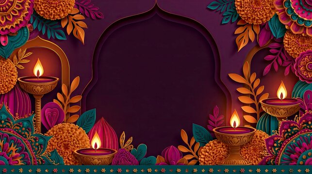 Diwali Festival Background with Glowing Diyas and Colorful Floral Border, Blank Space for Indian Celebration Text, Greeting Card and Festive Promotions