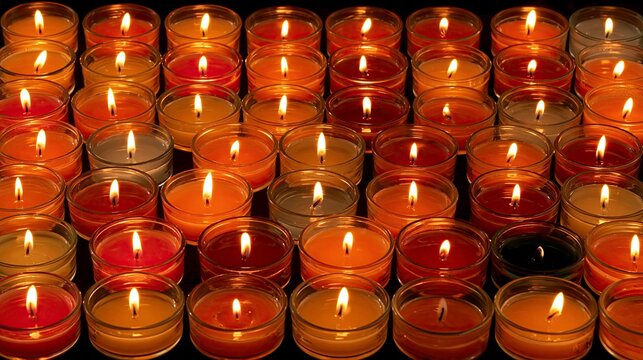 Rows of lit candles in various colors creating a warm atmosphere  