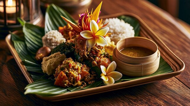 Traditional Indian Festive Meal Served on Banana Leaf with Rice, Curry, Flowers and Clay Cup for Onam Celebration, Kerala Culture and Food Advertising