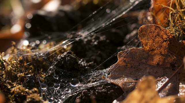 Close-up of spider web on wet leaves in a forest environment  
