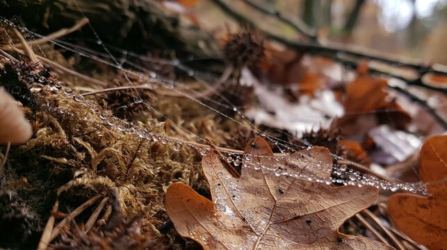 Lush forest floor with fallen leaves and dew-covered spiderweb  
