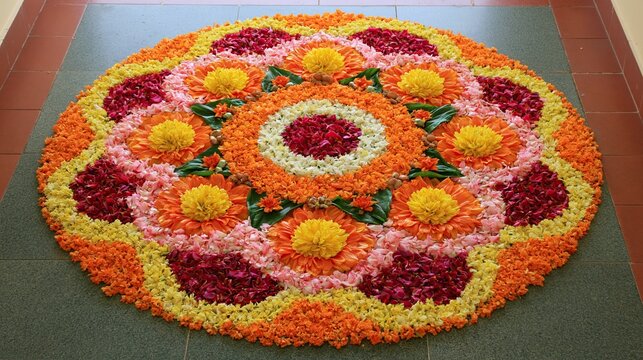 Traditional Indian Pookalam Floral Rangoli with Colorful Flower Petals for Onam Festival Decoration, Kerala Culture and Hindu Celebration Background
