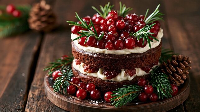 Christmas cake decorated with cranberries and rosemary on wooden table  