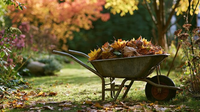 Wheelbarrow filled with autumn leaves in a garden setting  
