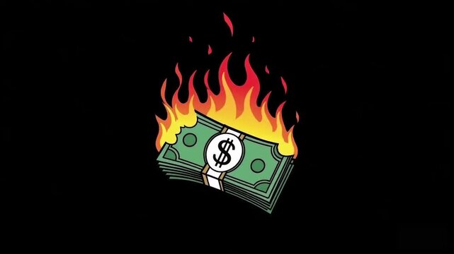 Burning dollar bills cash money flame vector illustration on black background