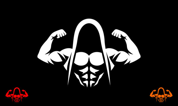 Powerful Hooded Athlete Flexing Muscles - Fitness Warrior Logo