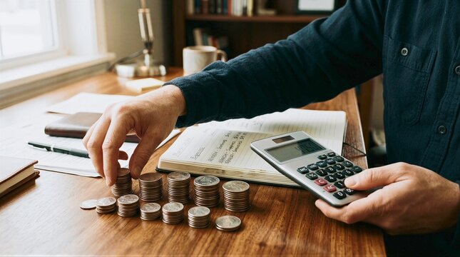 Close up of hands counting coins with calculator on wooden desk in office