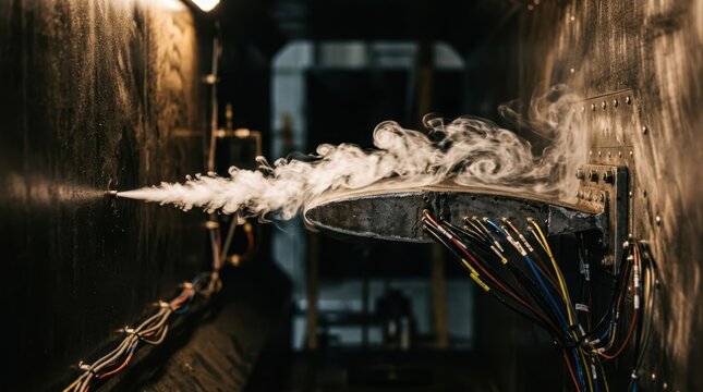 Smoke stream airflow test around an airfoil root inside an illuminated tunnel with sensor wires