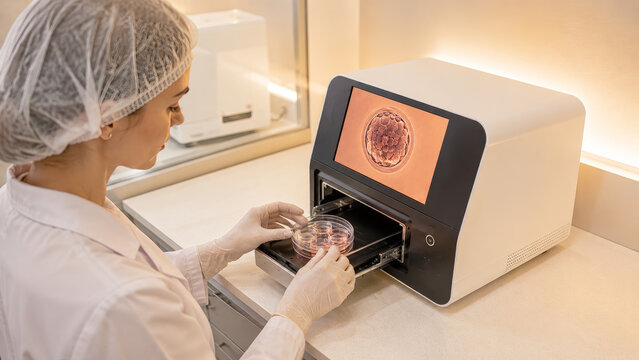 Embryologist handles IVF culture dish near incubator with blastocyst display for reproductive medicine in fertility lab.