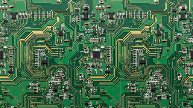 Green printed circuit board texture with electronic chips and traces for technology concept.