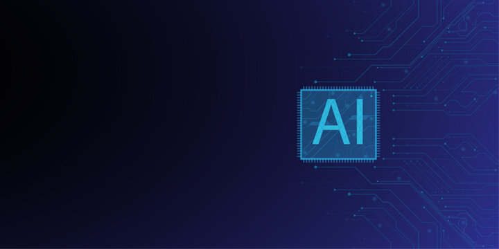 Artificial intelligence chip on dark blue background, AI processor icon with circuit board patterns, digital technology vector