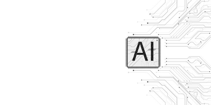 Artificial intelligence processor chip on circuit board. AI technology background with digital lines. Microchip hardware vector.