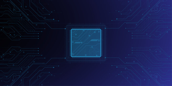 Futuristic CPU microchip on blue circuit board background, digital processor hardware, high tech electronic motherboard vector