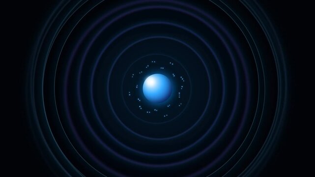 Glowing Atom Nucleus Surrounded by Orbiting Subatomic Particles and Concentric Energy Ripple Rings on Dark Background