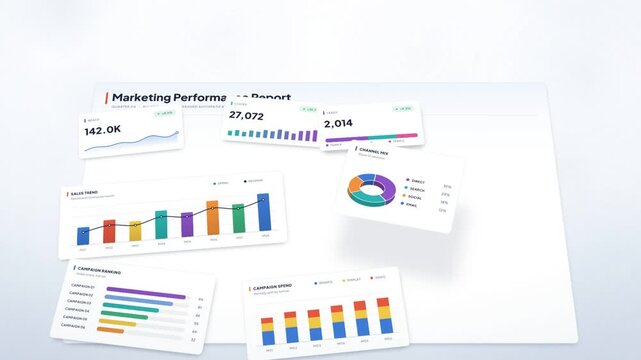 Marketing performance report dashboard assembling from flying chart cards with animated KPI counters