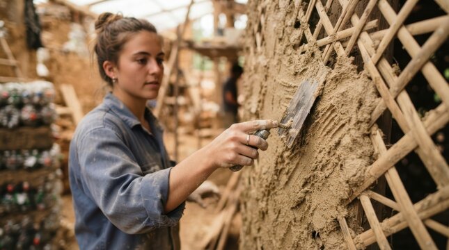 Student applying lime plaster to woven bamboo lattice beside stacked eco-bricks in a sustainable building workshop.