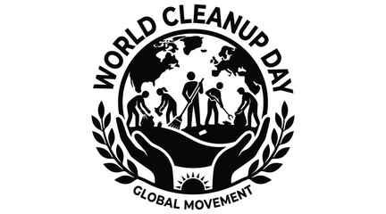 Fototapeta premium World cleanup day emblem depicts people cleaning earth held by hands black silhouette