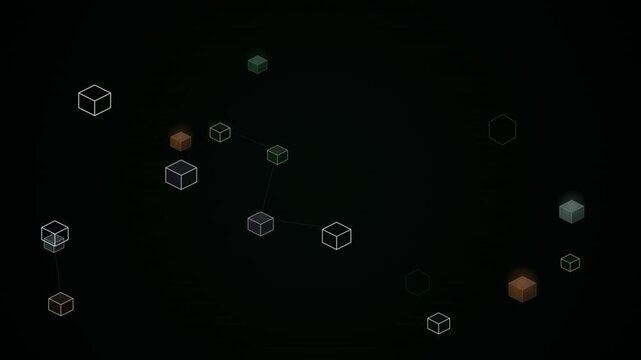 A dark digital composition displays floating geometric cubes and connecting lines forming an abstract network pattern.