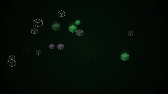 Glowing geometric cubes float in a dark digital space with varying opacity and depth.