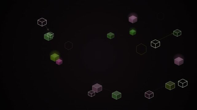 Abstract geometric shapes floating against a dark background.