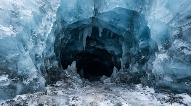 Deep blue ice cave inside a massive glacier