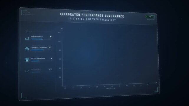 Growth index line chart rising above target on an integrated performance governance dashboard