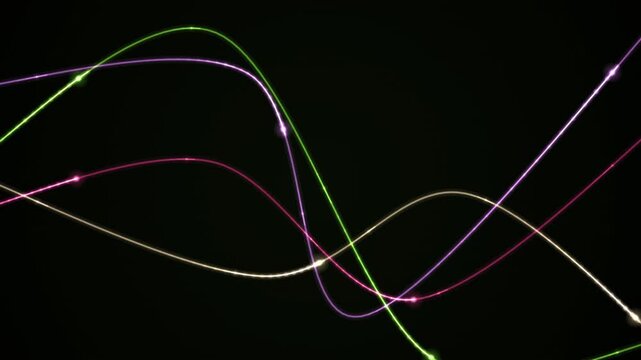 Glowing neon light trails create flowing patterns against a dark background with vibrant colors and bright sparks