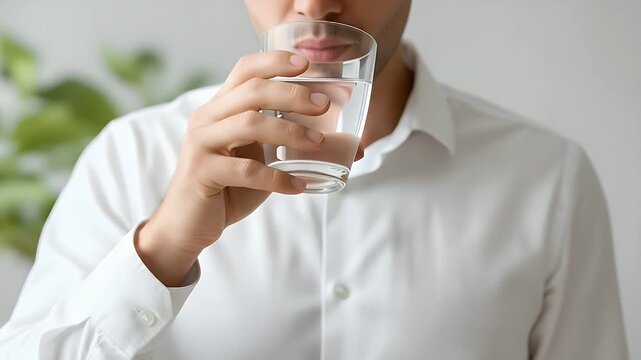Close-up of a person in a white shirt holding a clear glass of fresh water, taking a refreshing sip to stay hydrated and healthy.
