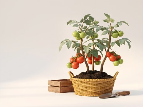 Fresh cherry tomato plant in wicker basket, ripe red tomatoes, garden harvest