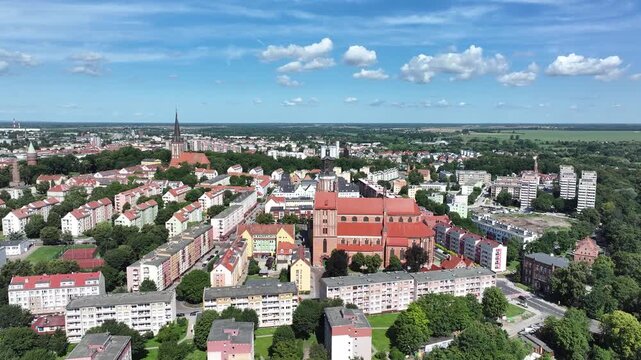 Stargard Poland city center church apartments parks circle 4. Northern Poland established in 8th century. Historical stronghold, defensive walls, gates and towers. Church, 15th century.