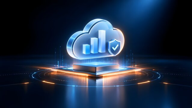 3D glowing cloud storage computing icon with data analytics graph and security shield on futuristic digital platform