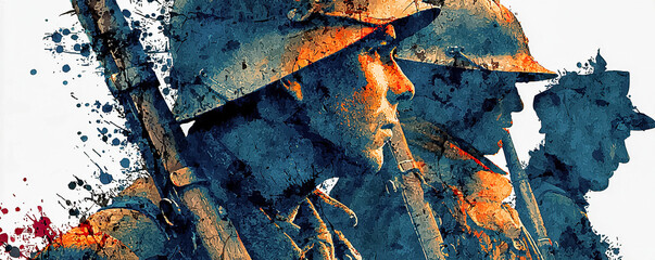 Obraz premium Soldiers standing in abstract art painting representing conflict. Ia