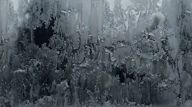 Complex monochrome frost pattern covering glass window pane during deep winter cold.