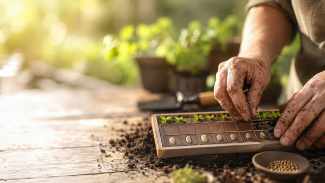 Monthly goal tracker for gardening with hands planting seeds in soil on wooden table outdoors, sunlight and green plants create peaceful mood