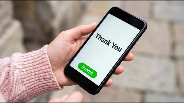 Hand holding smartphone and completing an online customer satisfaction survey, choosing excellent rating and submitting feedback.