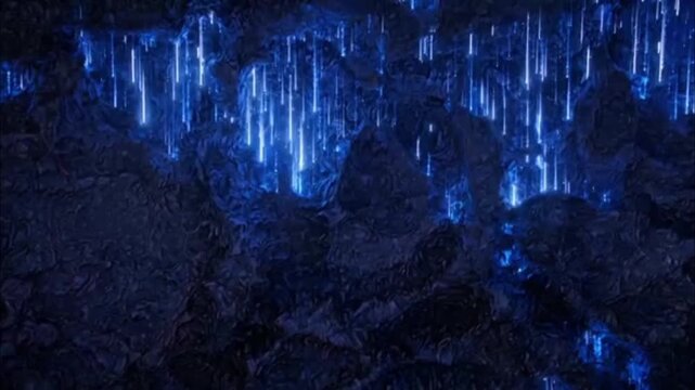 Glowing blue light streams falling in dark mystical cave for fantasy video background