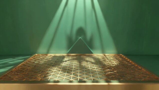 Premium 4K ultra-high-definition looping 3D animation showcasing a tan-colored podium within a space accented by a shimmering gold grid and deep green wall producing a stylish and modern mockup