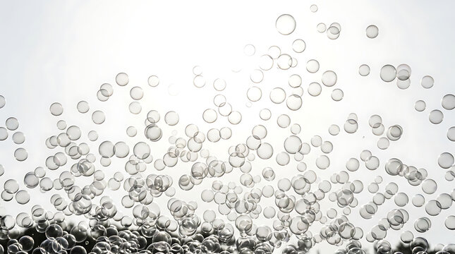 Rising transparent soap bubbles on white background for cheerful celebration party decor.